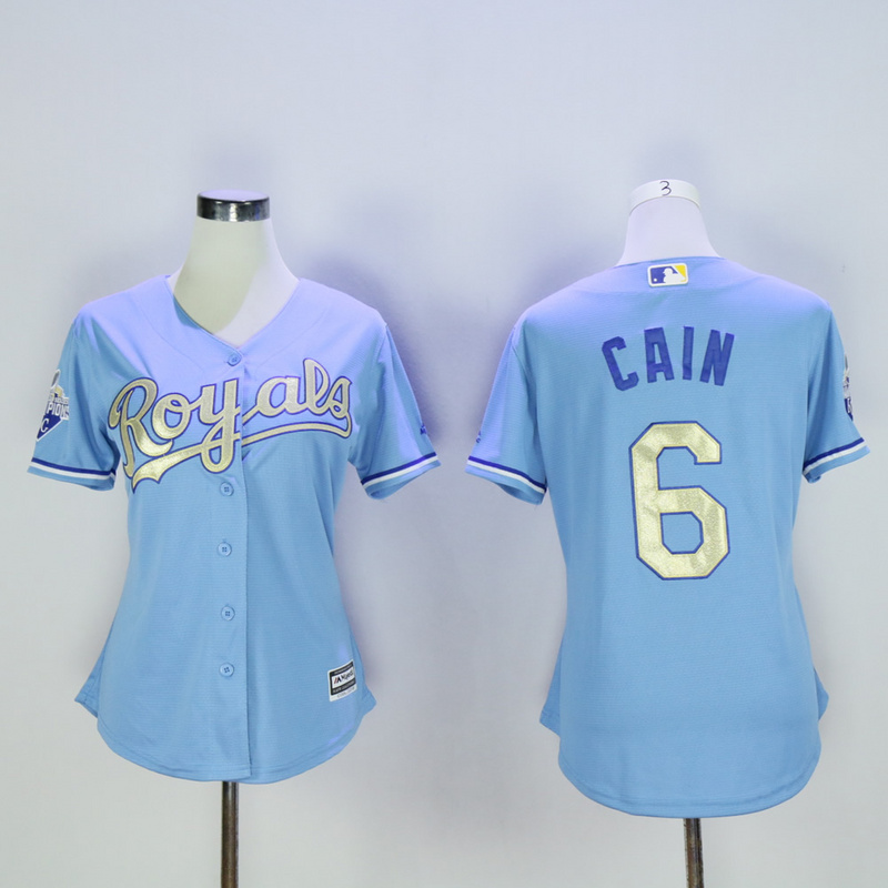 Women Kansas City Royals #6 Cain Light Blue Champion MLB Jerseys->women mlb jersey->Women Jersey